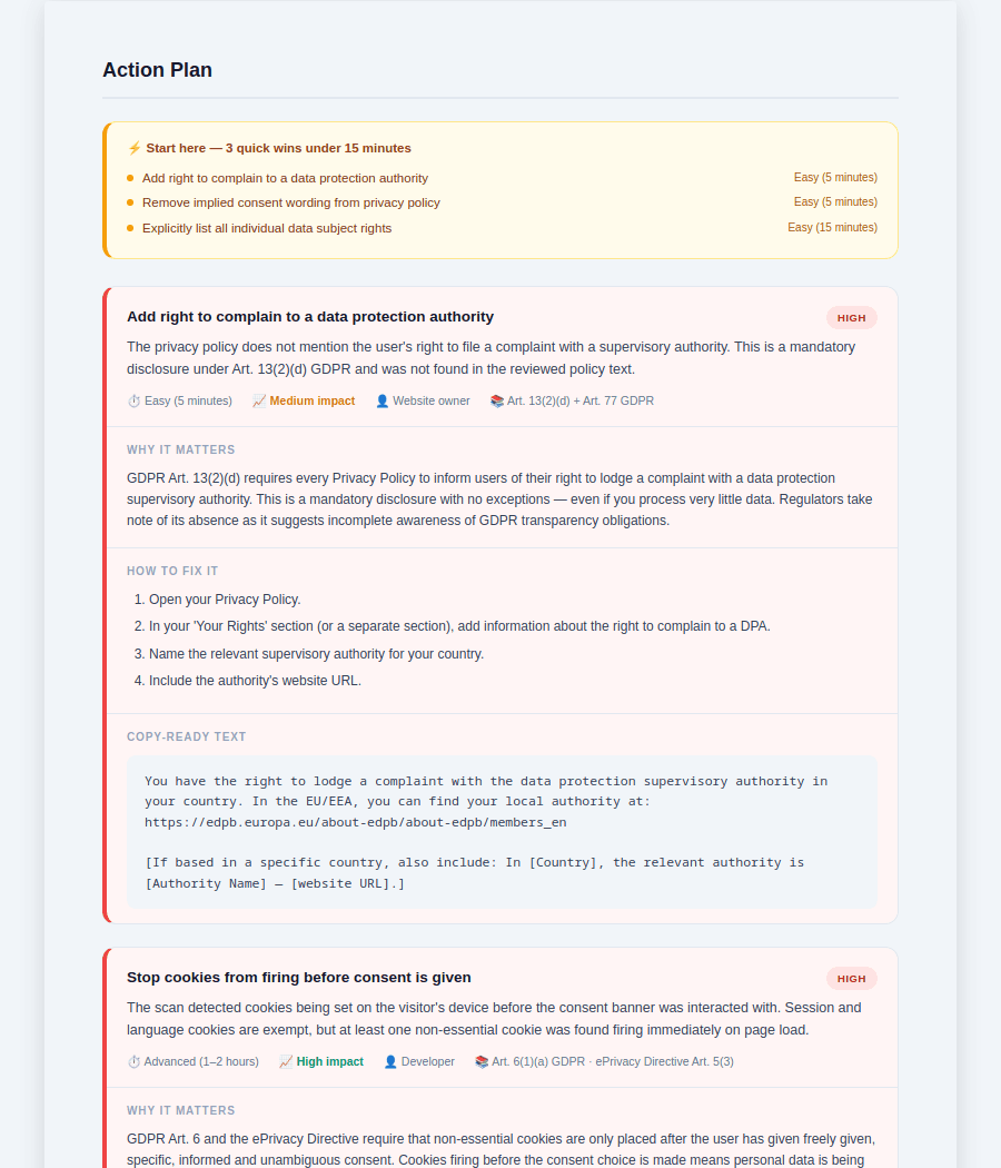 Action Plan: step-by-step fix instructions with effort and impact estimate