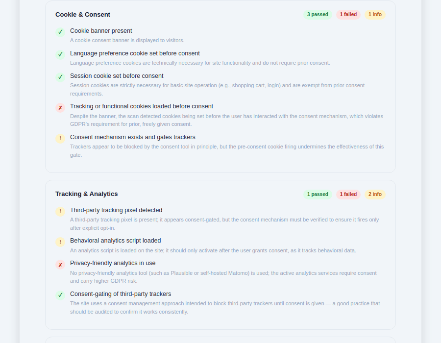 Cookie & Consent and Tracking & Analytics scan results with pass rates